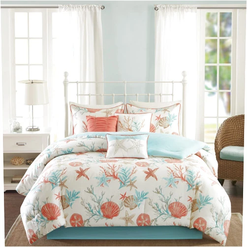 Madison Park 100% Cotton Comforter Set - Coastal Coral, Starfish Design All Season Down Alternative Cozy Bedding with Matching Shams, Decorative Pillow, King(104