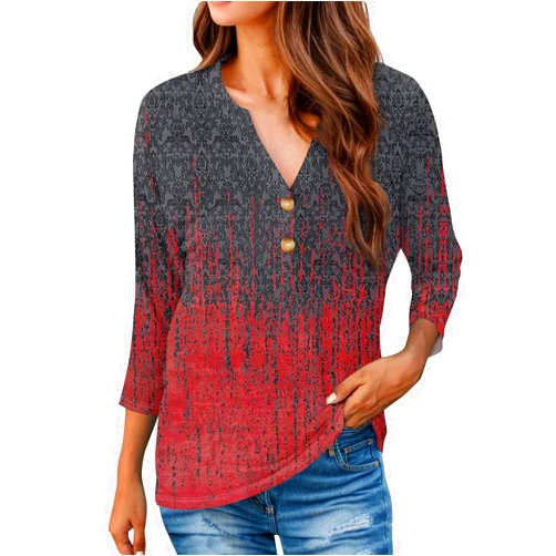 JWNYJFB Womens Cute Floral Graphic Tees 3/4 Length Sleeve Shirts Casual Button V Neck Loose Fit T-Shirts Tops