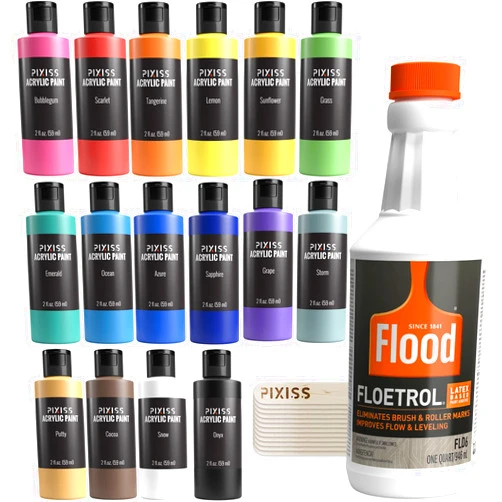 GrandProducts Art Bundles Floetrol For Acrylic Paint Pouring Kit, Flotrol Acrylic Pour Medium Additive, 16 Acrylic Pouring Paints, 20 Pixiss Wood Mixing Sticks