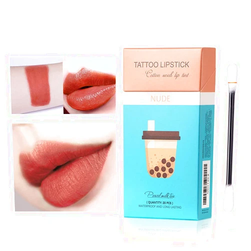 Eliversion 20Pcs Tattoo Lipstick Cotton Swab, Waterproof Non-Stick Tattoo Lipstick Cotton Swab Lip Tint, Long Lasting Lip Gloss Cotton Swab Matte (Nude)