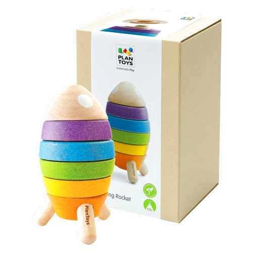 PlanToys® Wooden Stacking Rocket Toy for Toddlers | Montessori Educational STEM Learning Toy | Colorful Wooden Rocket Ship Stacker for Fine Motor Skills, Problem Solving, Preschool Gift