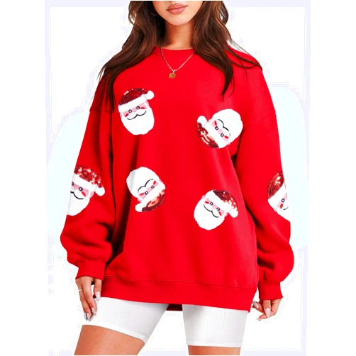 UNIQUEONE Womens Christmas Sweatshirt Sequin Santa Shirt Cute Chirstmas Graphic Tees Chirstmas Crewneck Long Sleeve Tops