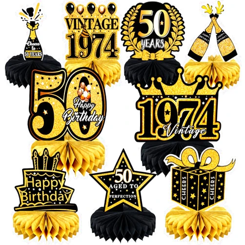 MDCGFOD 9 Pcs 50th Birthday Decoration for Men Women 50th Birthday Table Decorations Cheers to 50th Birthday Honeycomb Centerpieces 1974 Table Topper Black and Gold 50th Birthday Party Favors
