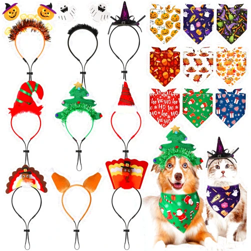 Huhumy 9 Set Christmas Dog Costume Christmas Thanksgiving Holiday Pet Headband Dog Bandanas Adjustable Triangle Scarf for Festival Pet Cat Outfit Supplies