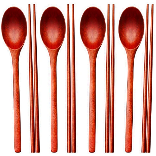 Patelai Wooden Spoon and Chopsticks Set Long Handle Spoon Chopstick Flatware Reusable Tableware Combination Utensils for Eating Food, 9.3 Inch (8)