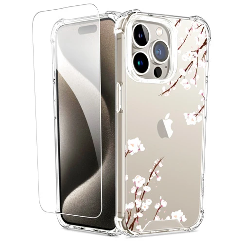 Ciciber Compatible with iPhone 15 Pro Max Case Floral Pattern for Women Girly with Screen Protector, Clear with Cute Flower Design Shockproof Protective Phone Case for iPhone 15 Pro Max 6.7 inch