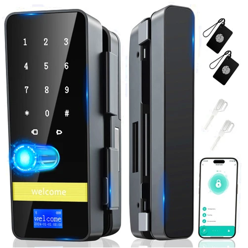 MSR605 Smart Glass Door Lock - 8 in 1 Upgrade Keyless Entry Digital Door Lock - Glass Front Door Locks with Keypad - Digital Fingerprint Glass Lock - Auto Lock for Glass Door,Office,Home,Hotel