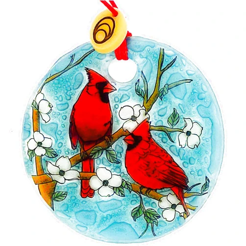 Bolla Glass Art Red Cardinal Ornament - Handmade Fused Glass, 2.5-Inch Hanging Decoration for Windows, Christmas Tree, Car Charm, Memorial Gift, Eco-Friendly with Tagua Bead Suncatcher
