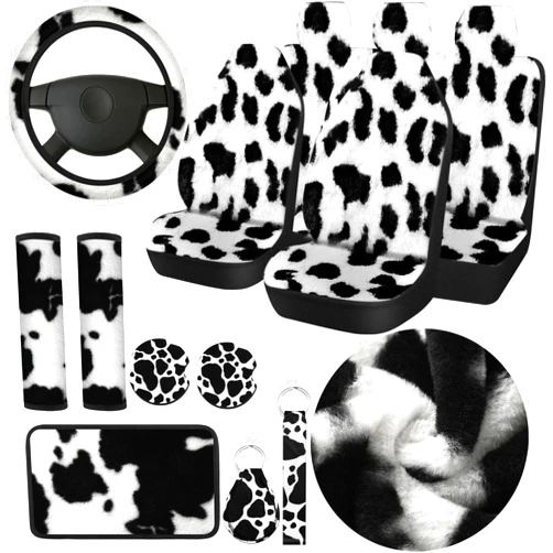 Frienda Plush Cow Print Car Accessories Full Sets Warm Cow Print Car Seat Covers Winter Christmas Car Seat Cover Rubber Steering Wheel Cover Armrest Pad Cover Seat Belt Pads Wrist Holder Keychain (Plush)