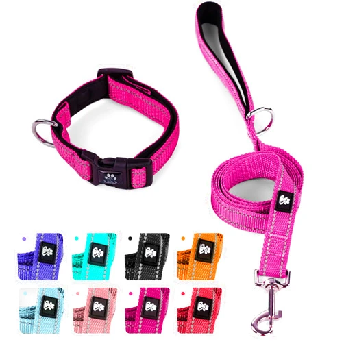 IVY&LANE Reflective Dog Collar and Leash Set,Adjustable Neoprene Padded Dog Collars, Breathable Nylon Pet Collar for Small Medium Large Dogs, 5FT Nylon Dog Leash (Collar+Leash,X-Small,Fuchsia Pink)