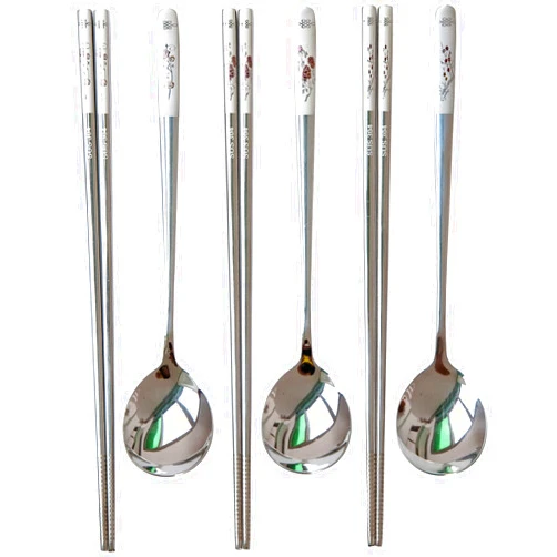 YAPULLYA Reusable Chopstick and Spoon Set, Korean Long Handle Stainless Steel Spoon and Chopsticks Set, Dishwasher Safe Metal Chop sticks, Set of 3. (Multi-patterned)