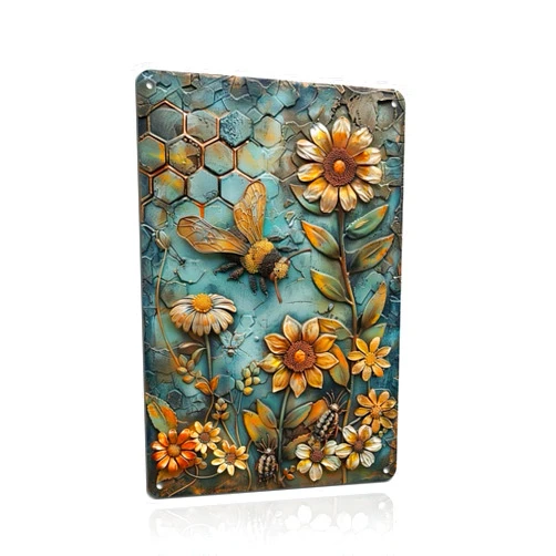 Decopix Metal Tin Sign Bee and Sunflowers Retro Deco for Plant Lovers Wall Art for Home Office Garden Backyard Gift for Nature Lovers 12x8 inch