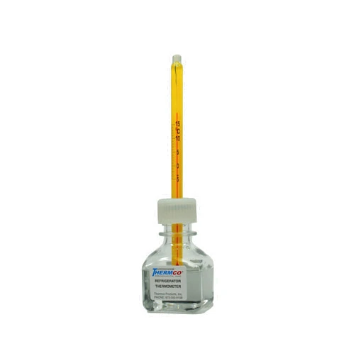 Thermco ACCR0201S U Accu-Safe Enclosed Chamber Red Spirit Filled Thermometer, Refrigerator, Coated, -5 to 15°C Range, 0.5°C Division, Total Immersion, 125mm Height