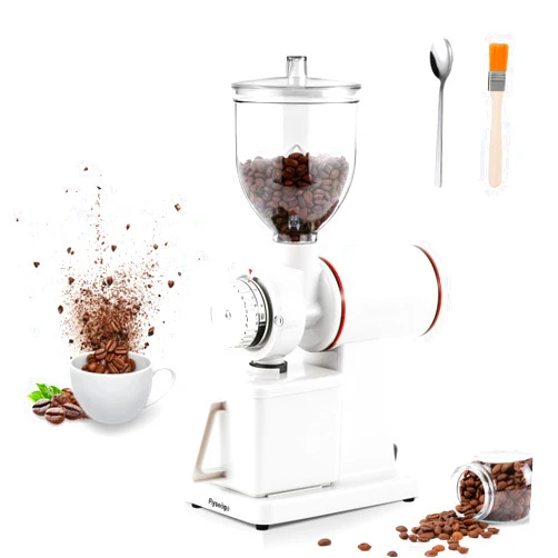 Flyseago Burr Coffee Grinder Electric Espresso Grinder Commercial & Homeuse Silent Small Coffee Bean Grinder with Hopper Adjustable Grind, With Brush, Spoon, White