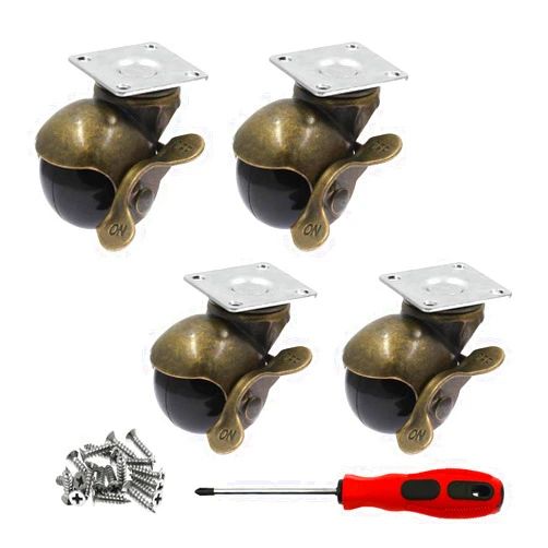 Luomorgo 1.5 inch Vintage Ball Caster Wheels with Brake 360 Degree Antique Top Plate Casters for Furniture Bench Cabinets Wheelchairs, 176 lbs Total Capacity Caster for Set of 4