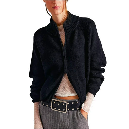 Gnveub Zip Up Sweaters for Women Long Sleeve Chunky Knit Sweater Jackets Cropped Cardigans Outerwear Coats with Pockets