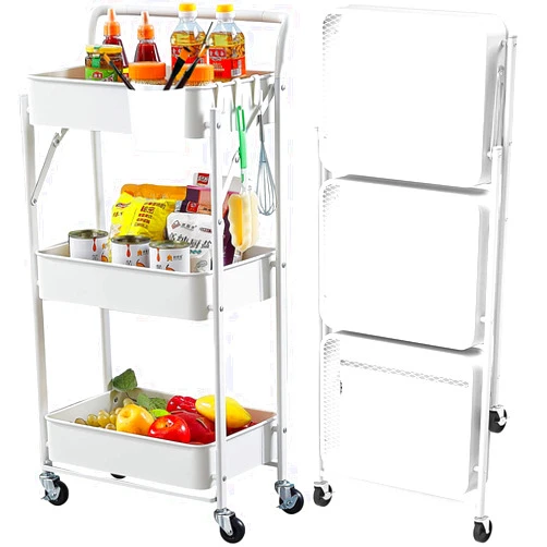 Asunflower Foldable Storage Cart 3 Tier Rolling Cart Metal Utility Cart with Wheels Assembled Folding Mobile Multi-Function Storage Trolley Kitchen Pantry Organizer Cart