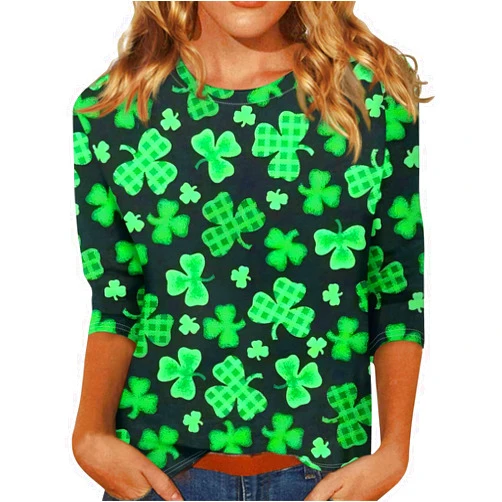 GOFULY St. Patrick's Day Shirts for Women 3/4 Sleeve Shamrock Printed Shirts Trendy Crew Neck Tops St Patrick's Day Clothes