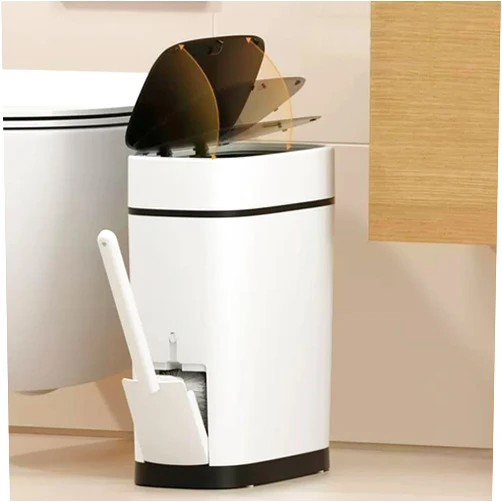 COMODID 3.7 Gallons Bathroom Trash Can with Toilet Brush Holder 14 Liter White Plastic Garbage Can with Black Locking Press Top Lid, Dogproof Slim Rectangular Trash Bin for Toilet, Black lid