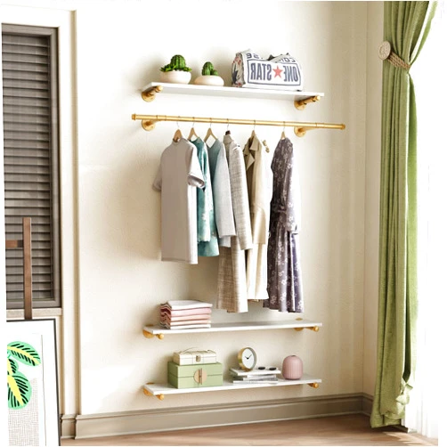 HOMEKAYT Industrial Pipe Clothing Rack Wall Mounted Gold Clothes Rack with Solid Wooden Shelf Vintage Hanging Rack for Bedroom, Living room