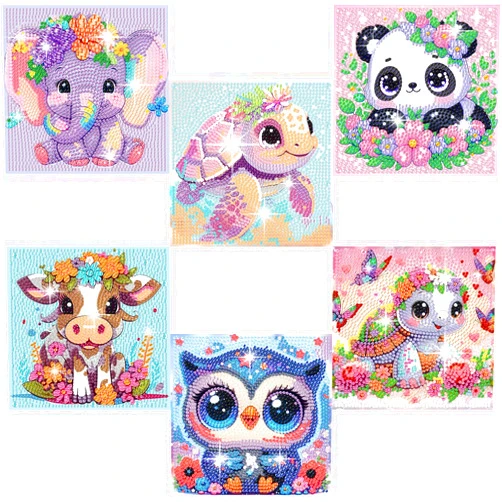 Acelii 6 Pack 5D Cartoon Diamond Painting Kits for Kids Beginners,Cute Animals DIY Diamond Art Kit for Kids,Full Round Drill Big Gem Art for Kids,Home Wall Decoration 6X6 inch