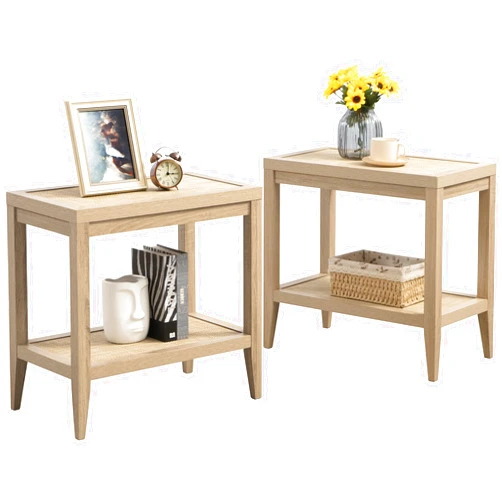 SICOTAS Rattan Nightstands Set of 2 - Boho Shelf Bedside Tables Narrow End Table Living Room Set of 2 Side Table with Rattan Storage Shelves for Small Space - Light Oak