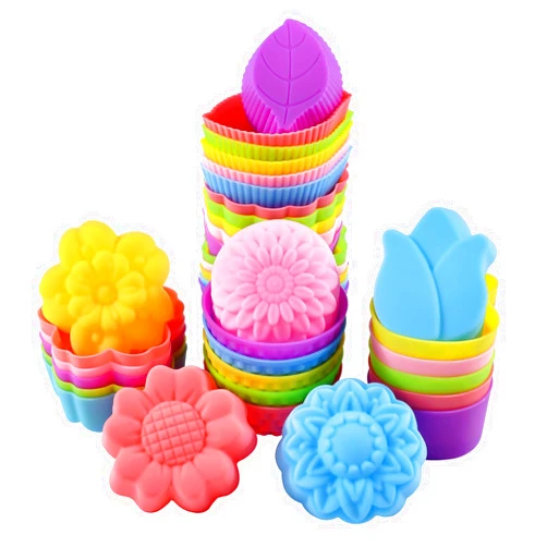 BFUHST 36Pcs Silicone Cupcake Liners, Multi Flower Shapes Baking Cups, 2 Inch Mini Size Reusable Silicone Molds