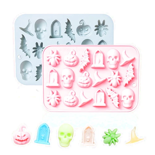 Sadoia Halloween Silicone Mold 3D Chocolate Molds for Baking Chocolates Cookies Candy Gummies - Skulls, Pumpkins, Bats, Ghosts, Witches, Tombstone Shapes (2 Pack)