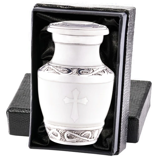 Olivia Memorials Small Urn for Ashes for Women or Men - White Mini Urns Religious Cross Male or Female Human - Cremation Keepsakes - Memorial Jesus Cross Urn Catholic Protestant