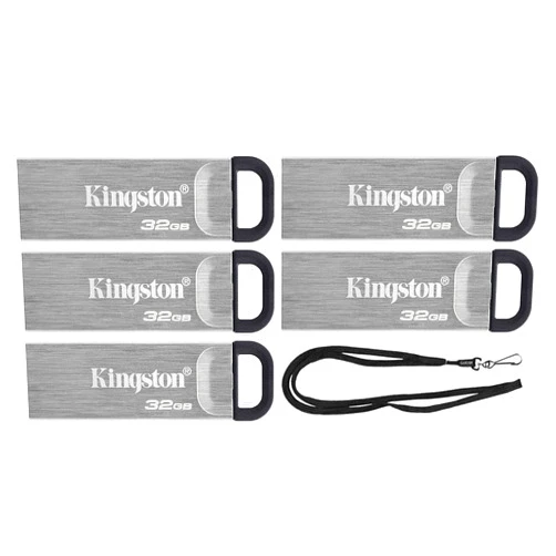 Kingston 32GB DataTraveler Kyson High Performance up to 200MB/s USB 3.2 Metal Flash Drive DTKN/32GB Bundle with (1) GoRAM Black Lanyard (32GB, 5 Pack)
