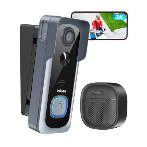 ieGeek 2K Doorbell Camera Wireless No Subscription with Adjustable Doorbell Angle Mount, Video Doorbell with Chime, PIR Motion Detection, 2 Way Audio, Voice Changer, 2.4Ghz WiFi, Works with Alexa