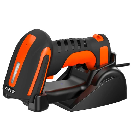 Symcode Bluetooth 2D QR Barcode Scanner with Charging Stand,Industrial Dustproof and Waterproof 3 in 1 Compatible with Bluetooth & 2.4GHz Wireless & Wired Connection with Vibration Alert Orange