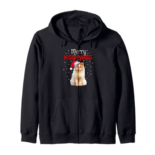 Merry KissMyAss Cat Shirts X-mas humor for adults Merry KissMyAss Cat Shirt Cute Cat with Christmas Santa Hat Zip Hoodie