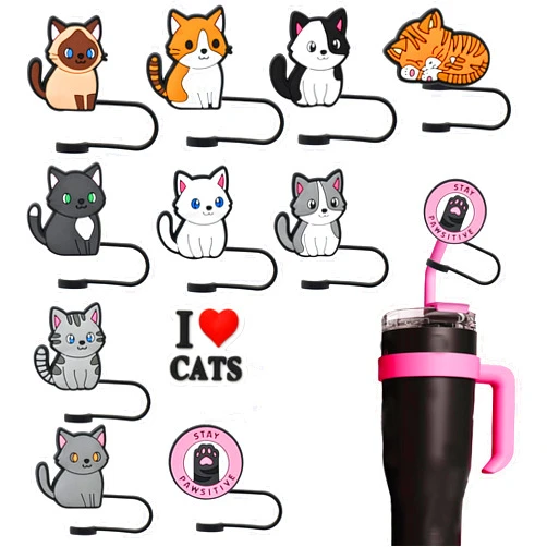 XHAOYEAHX 7-8MM Straw Cover Cap,Reusable Drinking Straw Toppers,Straw Covers for Stanley Cup 30&40 Oz Tumbler Straw Accessories Straw Protector Portable Dust Straw Caps Decoration (11pcs Lovely Cats)