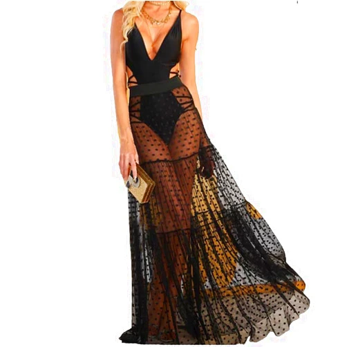 CRITOR Womens High Waist Polka Dot Mesh Maxi Skirt See-Through Beach Long Tulle Skirt Sheer Bodysuit Cover-Up