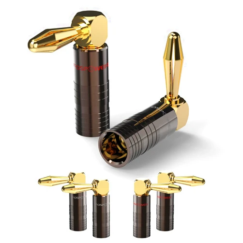 FosPower Right Angle Banana Plugs (6 Pairs / 12 pcs), Closed Screw 24K Gold Plated Banana Speaker Plug Connectors for Speaker Wire, Wall Plate, Home Theater, Audio/Video Receiver, and Sound Systems