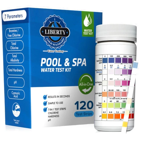 Liberty Gold Standard© Water Test Strips (121-Piece Kit) All-in-One Testing for Pools & Spas, Hot Tubs - Test Chlorine, pH, Hard Water Hardness Test, Cyanuric Acid, Alkalinity, Bromine