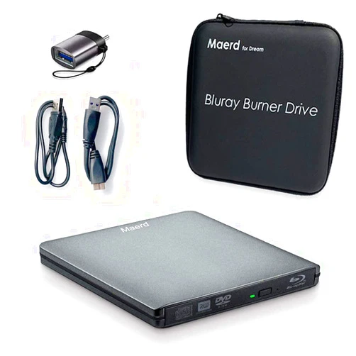 Maerd External Blu Ray DVD Drive, USB3.0 Type-C Portable Blu Ray Player CD DVD BD Burner 6X 3D CD DVD Bluray Burner for Windows XP/7/8/10 Laptop, Desktop (Grey)