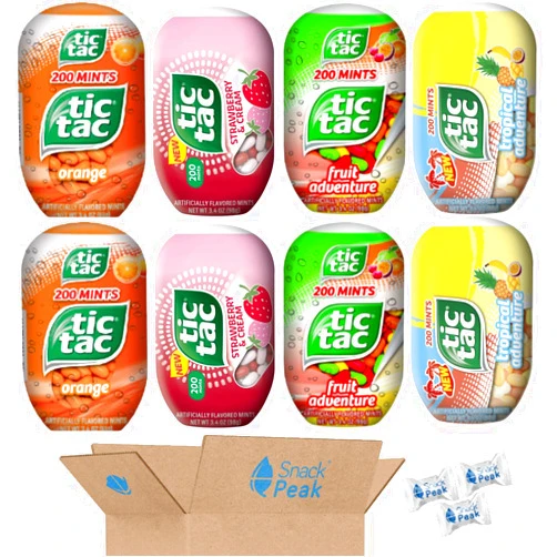 Snack Peak Tic Tac Variety Snack Peak Gift Box – 8 large (3.4 oz) bottles – Strawberry and Cream, Orange, Fruit Adventure, and Tropical Adventure