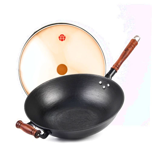 WANGYUANJI Cast Iron Wok,13.4'' Flat Bottom Wok with Glass Lid,Suitable for All Cooktops, Uncoated Craft Wok Healthy Cooking Wok