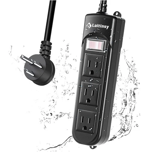 MELKESDE Loitinsy Outdoor Power Strip Weatherproof, Waterproof Flat Plug with 3 Outlets, 6.5 FT Extension Cord, Overload Protection and Shockproof, Suitable for Home and Outside, Wall Mountable, Black