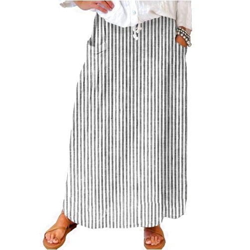 chouyatou Women's Vertical Striped High Waist Maxi Skirt Vintage Floral Cotton Long Skirt with Pockets