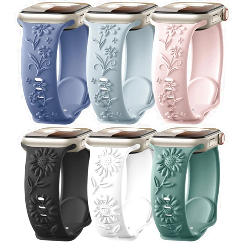 Witzon 6 Pack Floral Engraved Compatible with Apple Watch Bands for Women 42mm 38mm 40mm 41mm 44mm 45mm 46mm, Soft Silicone Embossed Flower Smart Watches Strap for iWatch Series 10 9 8 7 6 5 4 3 2 SE Ultra