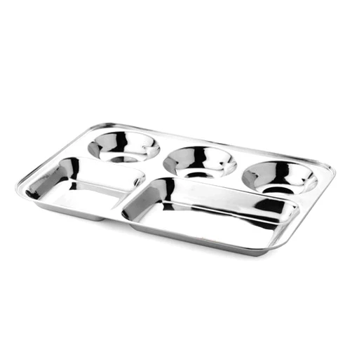 Khandekar (with device of K) Khandekar Stainless Steel Rectangular Divided Dinner Plate with 5 compartment, Food Serving Partition Plate for Hiking and for Home Daily Use