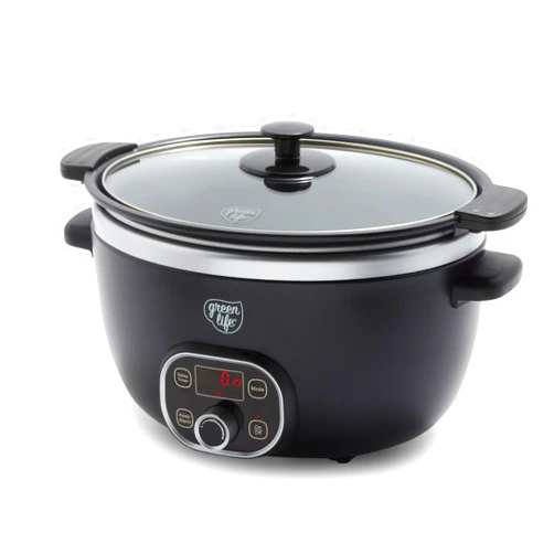 GreenLife 6 Quart Ceramic Slow Cooker, PFAS-Free, Programmable, Removable Healthy Nonstick Pot for large families, Sear on Stovetop, Keep Warm, Digital Timer, Dishwasher Safe Glass Lid & Crock, Black