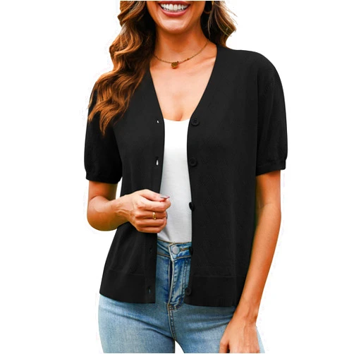 VIISHOW Short Sleeve Lightweight Summer Cardigan for Women, Button Down Open Front V Neck Crochet Knit Cropped Bolero Shrugs