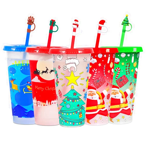 KJRIVER Christmas Color Changing Cups with Lids and Straws 5 Pack Plastic Cute Tumbler with Spill Resistant Straw, Easy Clean Kids Water Bottle, Dishwasher Safe Reusable for Water Iced Coffee or Tea 24oz