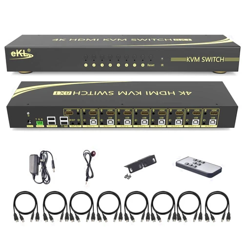 eKL KVM Switch, 8 Port v2.0 HDMI KVM Switch Supports Hotkeys Swapping 4K@60Hz 4:4:4 1080p 3D, 8 in 1 Out 8 PCs Sharing with One Set of Keyboard and Mouse