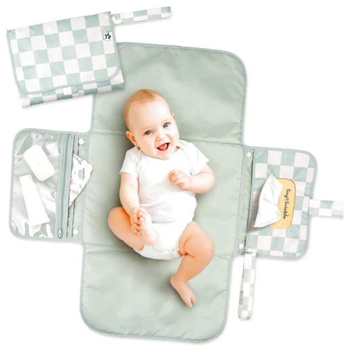 Tiny Twinkle Portable Diaper Changing Pad | Waterproof, Wipeable & Compact Baby Changing Pad for Travel | Smart Wipes Pocket & Organized Storage| Newborn Shower Gift (Sage Checkers)