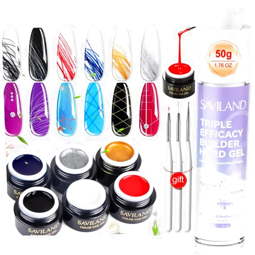SAVILAND 6 Colors Spider Gel, Clear Builder Nail Gel New Upgraded Matrices Spider Gel with Nail Art Brushes, Nail Designs Gel Paint Wire Drawing Gel Polish for Line (White Black Red Blue Gold Silver)
